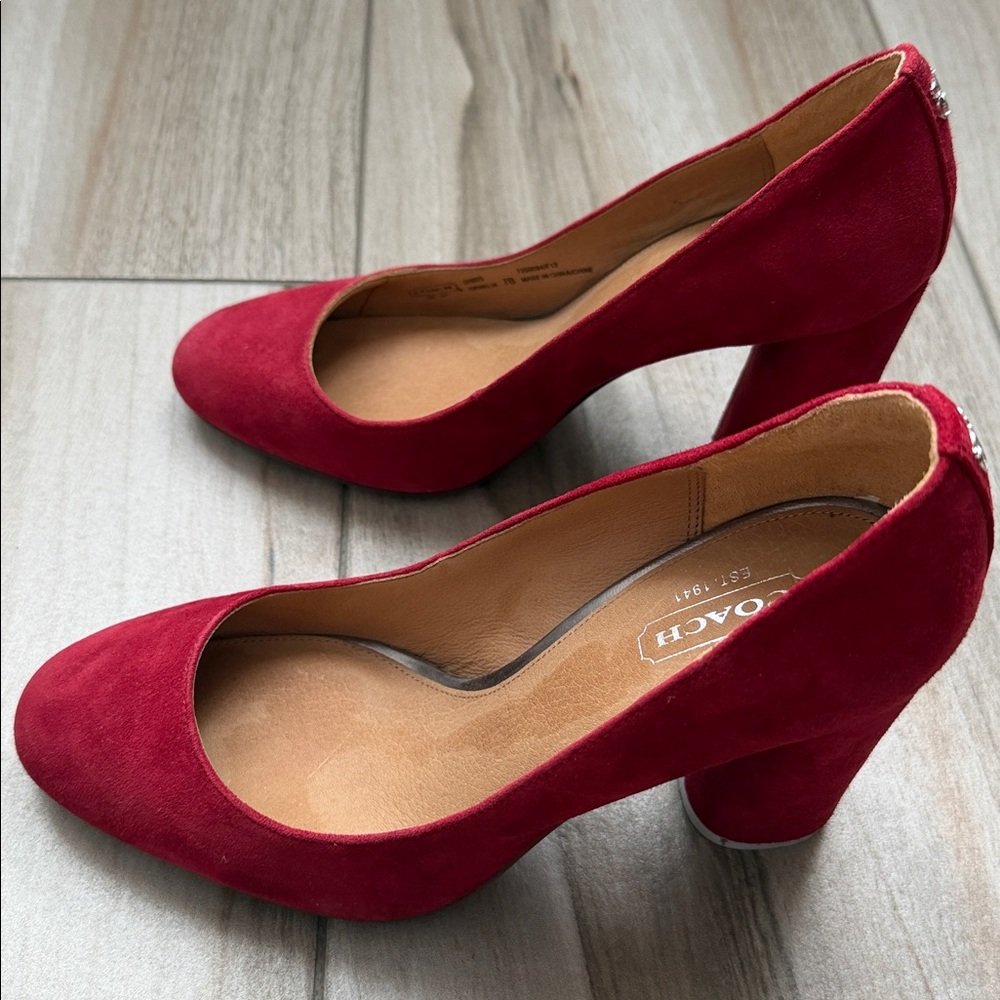 Coach Red Suede Round-Toe Block Heel Pumps - Picture 4 of 5